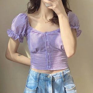 Cropped Gingham Purple Top 🎀